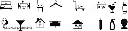 Assortment of Hospitality and Travel Related Icons in Black and White Outline hotel room