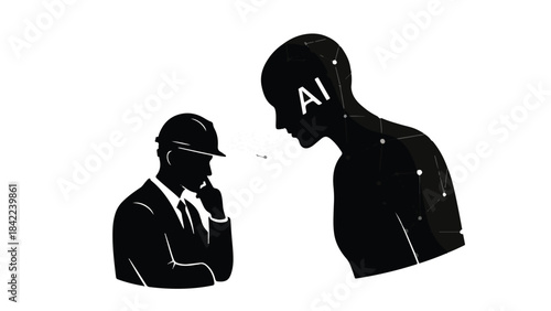 Businessman talking to artificial intelligence robot discussing future technology and innovation in modern professional setting