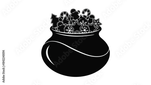 Black cauldron filled with colorful mechanical gears and clockwork mechanisms on white background, symbolizing creativity and innovation in technology and engineering