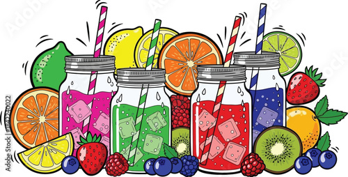Colorful Fruit Juices and Refreshing Drinks Surrounded by Fresh Produce	