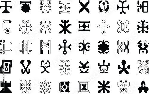 Extensive Array of Abstract Geometric Symbols and Glyphs in Black and White pattern