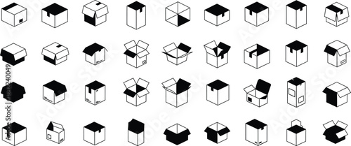 Isometric Line Art Icons of Various Cardboard Boxes in Different States package shipping