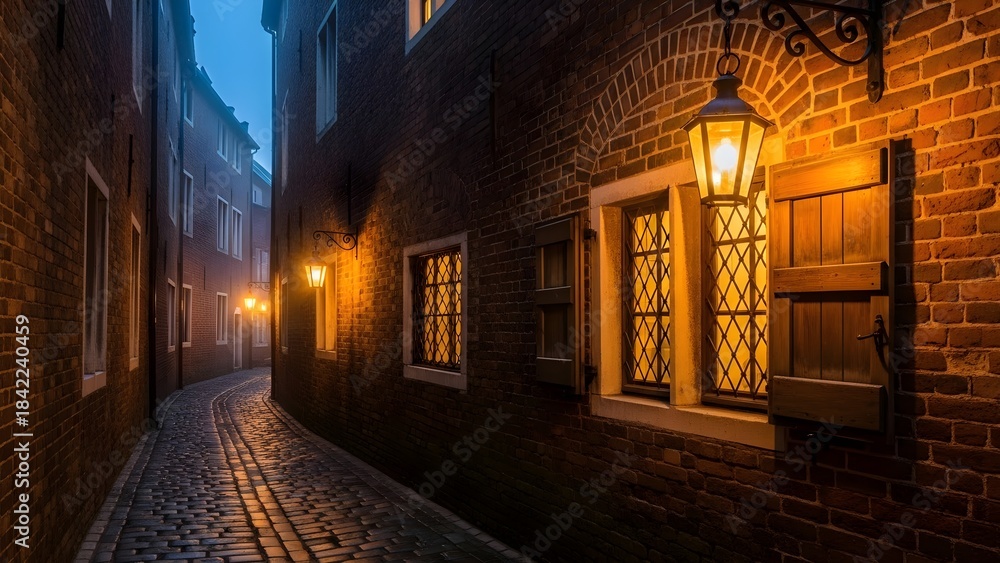 Fototapeta premium Cobblestone alleyway at dusk with warm lantern lighting and historic brick buildings