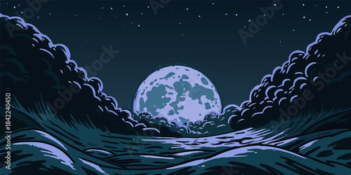 Mystical Blue Moon Rising Over Starlit Night Sky Landscape