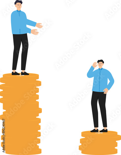 Economic inequality and rich and poor gap, unfairness income and different money people being paid concept, businessman standing on high salary coins tower with poor black man on low coins stack.
