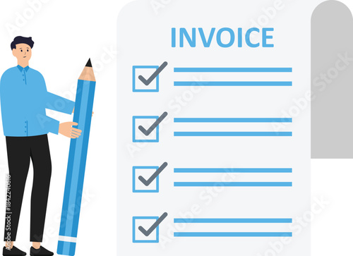 Invoice and bill or total amount to pay for service, charge for price calculation or finance payment system, accounting and quotation and receipt concept, businessman holding magnifier on invoice docu