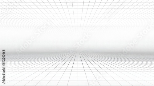 Abstract three-dimensional grid pattern with perspective view, converging lines, monochromatic shades,