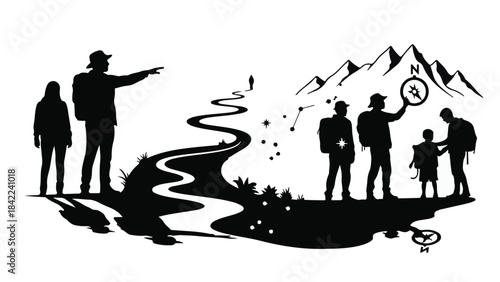 Silhouette of family and friends on hiking adventure in mountains with river stream, exploring outdoors together in nature