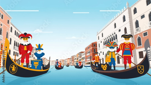 A lively Venice Carnival Grand Canal Parade, adorned with costumed figures and classic masks, floats down a Venetian canal in this vibrant flat design illustration.