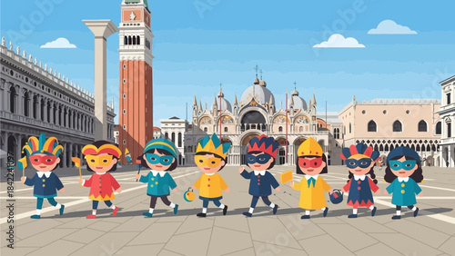 Two happy children, adorned in adorable Venetian carnival costumes and masks, are playfully running through a stylized piazza in this flat design illustration. 