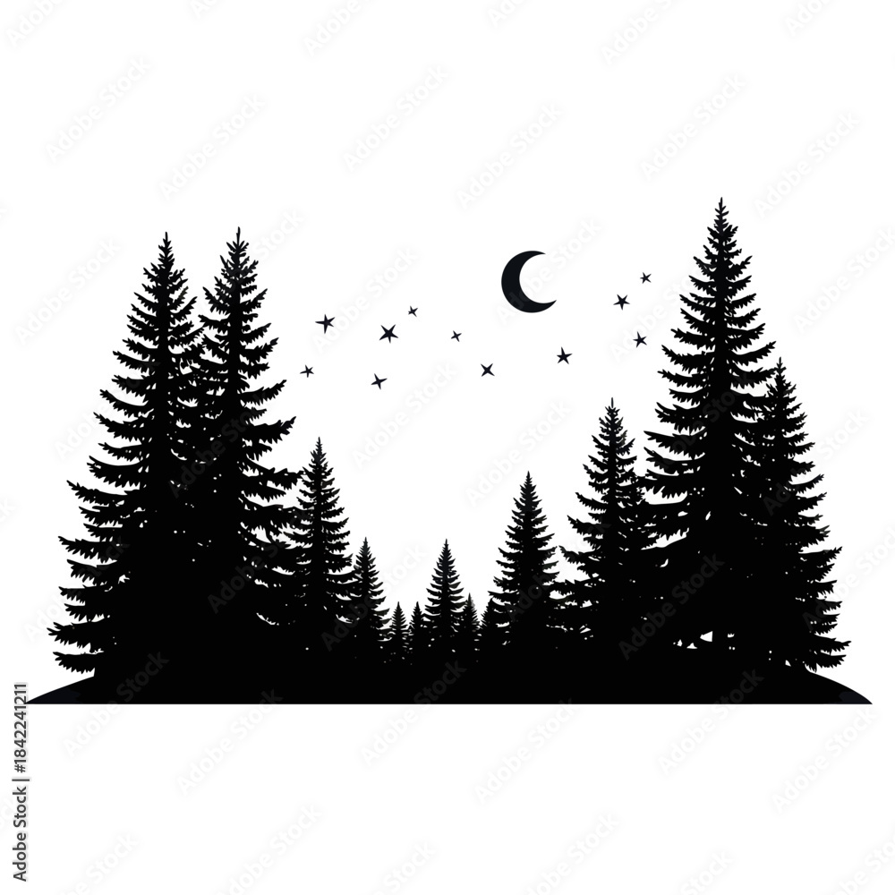 Fototapeta premium Serene forest landscape with pine trees under starry night sky