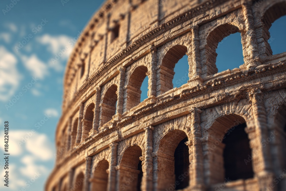 Fototapeta premium Ancient amphitheater arches under a cloudy blue sky.