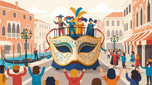 This flat design illustration presents a Whimsical Venice Carnival Float Parade, featuring iconic landmarks and a stylized carnival parade winding through its squares and canals. 