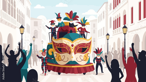 This flat design illustration presents a Whimsical Venice Carnival Float Parade, featuring iconic landmarks and a stylized carnival parade winding through its squares and canals. 