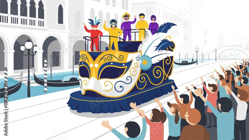 This flat design illustration presents a Whimsical Venice Carnival Float Parade, featuring iconic landmarks and a stylized carnival parade winding through its squares and canals. 