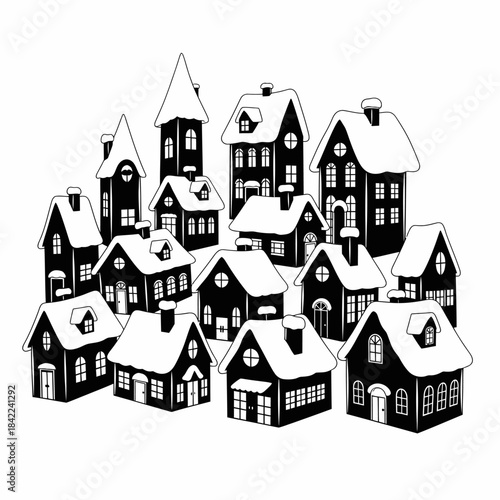 Snowy village neighborhood with charming houses and rooftops