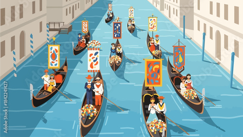 A lively parade of Floral Gondola Venice Carnival Parade, adorned with costumed figures and classic masks, floats down a Venetian canal in this vibrant flat design illustration. 