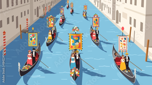 A lively parade of Floral Gondola Venice Carnival Parade, adorned with costumed figures and classic masks, floats down a Venetian canal in this vibrant flat design illustration. 