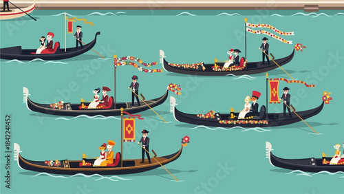 A lively parade of Floral Gondola Venice Carnival Parade, adorned with costumed figures and classic masks, floats down a Venetian canal in this vibrant flat design illustration. 