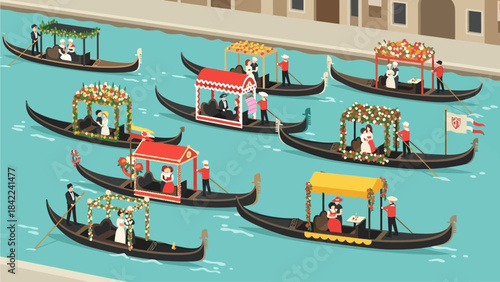 A lively parade of Floral Gondola Venice Carnival Parade, adorned with costumed figures and classic masks, floats down a Venetian canal in this vibrant flat design illustration. 