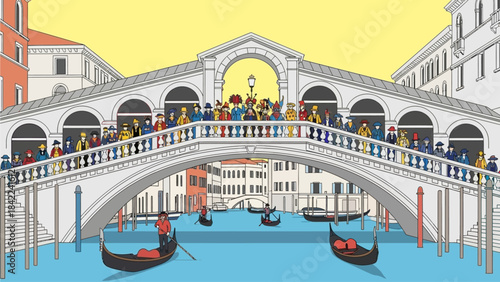 This flat design illustration portrays a Colorful Venice Carnival Bridge Parade, where costumed performers and masked revelers celebrate the carnival. It highlights the joyous atmosphere of the event.