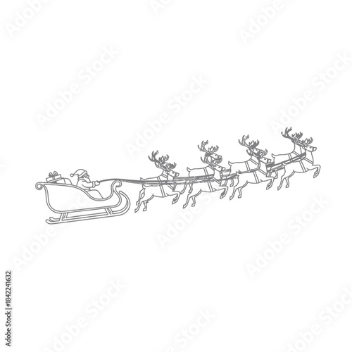 Santa Claus riding in sleigh pulled by reindeer on Christmas Eve night