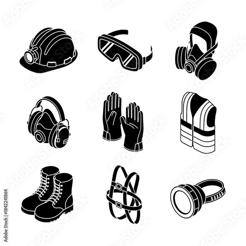 Isometric black and white icons of personal protective equipment for safety at work.