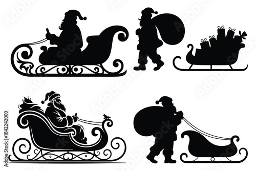 Santa Claus silhouettes in sleighs and carrying gift bags