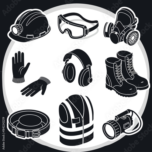 Collection of essential personal protective equipment (PPE) items for workplace safety, depicted in a graphic style.