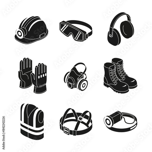 Collection of black and white isometric icons depicting various personal protective equipment for safety at work.