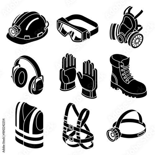 Isometric black and white icons of various personal protective equipment (PPE) for industrial safety, including hard hats, goggles, respirators, gloves, boots, and harnesses.