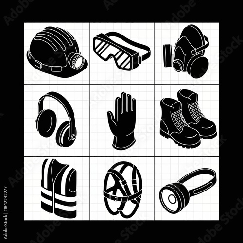 Collection of nine black and white isometric icons representing various personal protective equipment for industrial safety and workplace protection.
