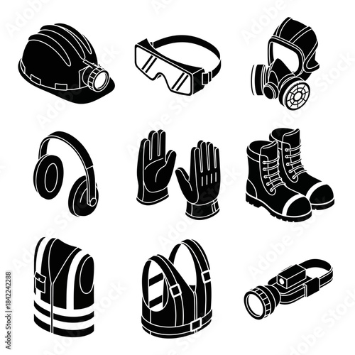 Isometric black and white icons of various personal protective equipment (PPE) for industrial safety.