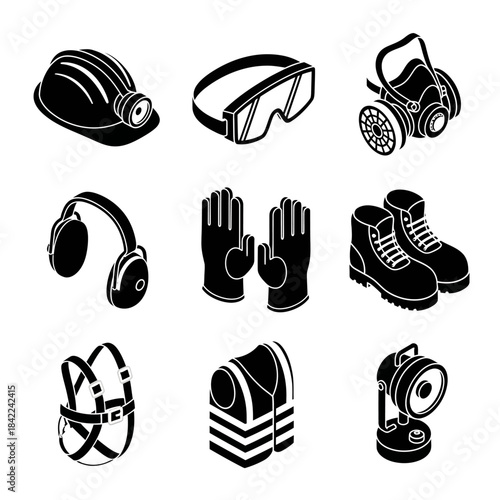 Isometric black and white icons of essential personal protective equipment (PPE) for industrial safety and worker protection.