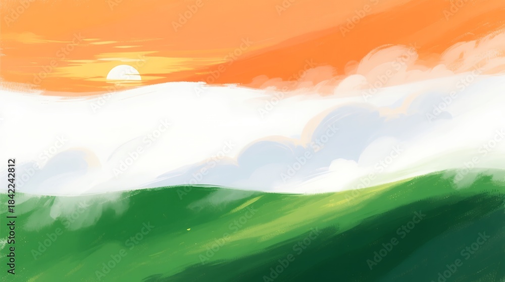 Obraz premium Serene sunrise over layered green hills and soft white mist under warm orange sky