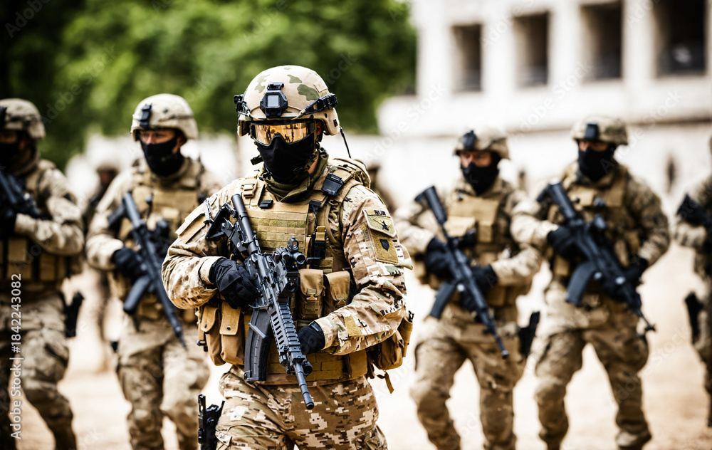 Obraz premium squad of armed soldiers in camouflage uniform moving together