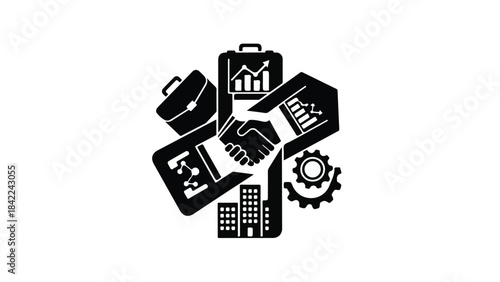 Business technology innovation concept with briefcase smartphone and gear icons in modern circular arrangement for corporate finance and industry