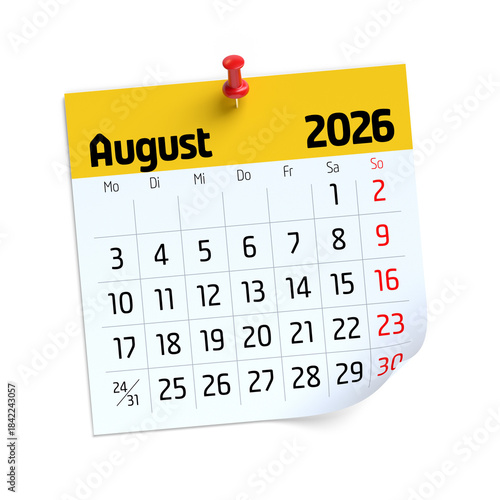 August 2026 calendar page pinned on white background