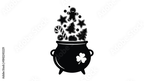 Black silhouette pot of gold coins and stars St. Patrick's Day luck concept with four-leaf clover