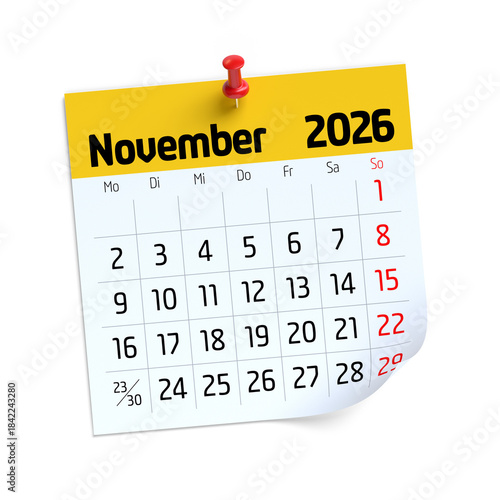 November 2026 calendar page pinned on white background