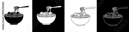 Meatballs served with pasta in a bowl, a fork lifts noodles, graphic illustration