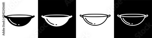 Two simple white wok illustrations on a black background, kitchenware graphic