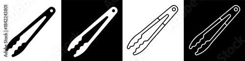 Simple graphic icons of kitchen serving tongs, isolated on a black background for various culinary uses