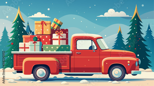Collection of festive christmas icons including a wreath candle cupcake candy cane and gingerbread man silhouette Three cheerful santas in a red pickup truck delivering gifts during a snowy christmas 