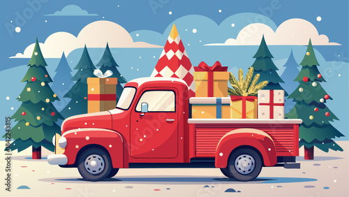 Collection of festive christmas icons including a wreath candle cupcake candy cane and gingerbread man silhouette Three cheerful santas in a red pickup truck delivering gifts during a snowy christmas 