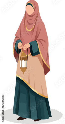 Beautiful Muslim Woman Holding Lantern Wearing Traditional Hijab and Gown