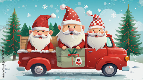 Collection of festive christmas icons including a wreath candle cupcake candy cane and gingerbread man silhouette Three cheerful santas in a red pickup truck delivering gifts during a snowy christmas 
