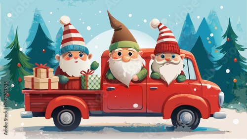 Collection of festive christmas icons including a wreath candle cupcake candy cane and gingerbread man silhouette Three cheerful santas in a red pickup truck delivering gifts during a snowy christmas 