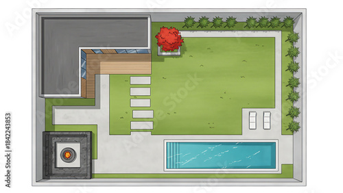 Top View Schematic of Modern Backyard with Swimming Pool, Fire Pit, and Landscaping Plan.