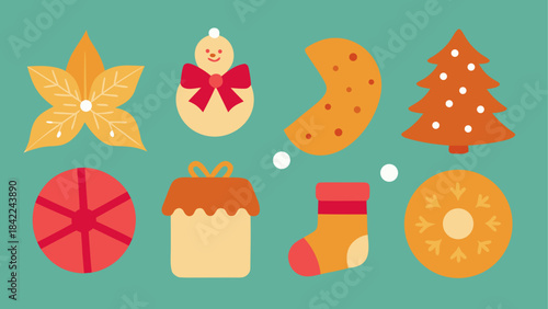 Collection of festive christmas icons including a wreath candle cupcake candy cane and gingerbread man silhouette Three cheerful santas in a red pickup truck delivering gifts during a snowy christmas 